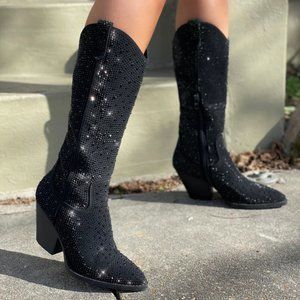 NEW🔥 Rhinestone Crystal Pavé Western Cowboy CowGirl Boots Knee-High Pointed-Toe